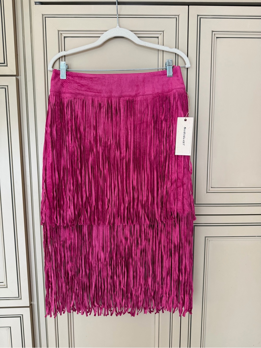 NWT Blue Velvet Fringe Midi Skirt Fuchsia Pink Suede Country Western Boho Med